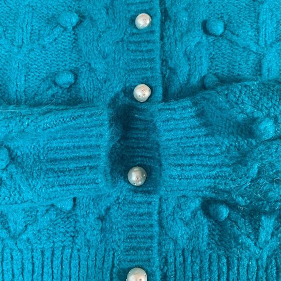 ZARA Faux Pearl Button front Cropped Cardigan Sweater Pom-pom Teal Blue Small - Picture 5 of 11